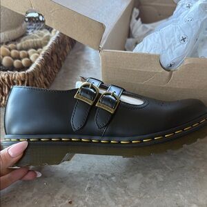 Dr. Martens Black Double Buckle Mary Jane with Yellow Stitching